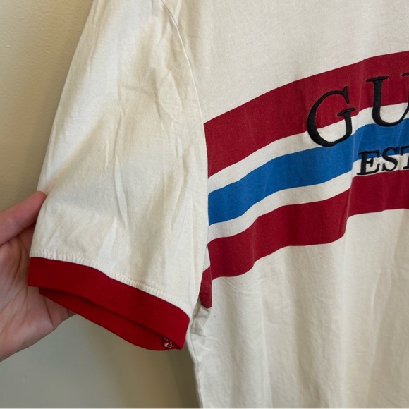 GUESS EST. 1981 Stripe T Shirt Red White Blue Men’s Size Large Logo Tee - Picture 4 of 7